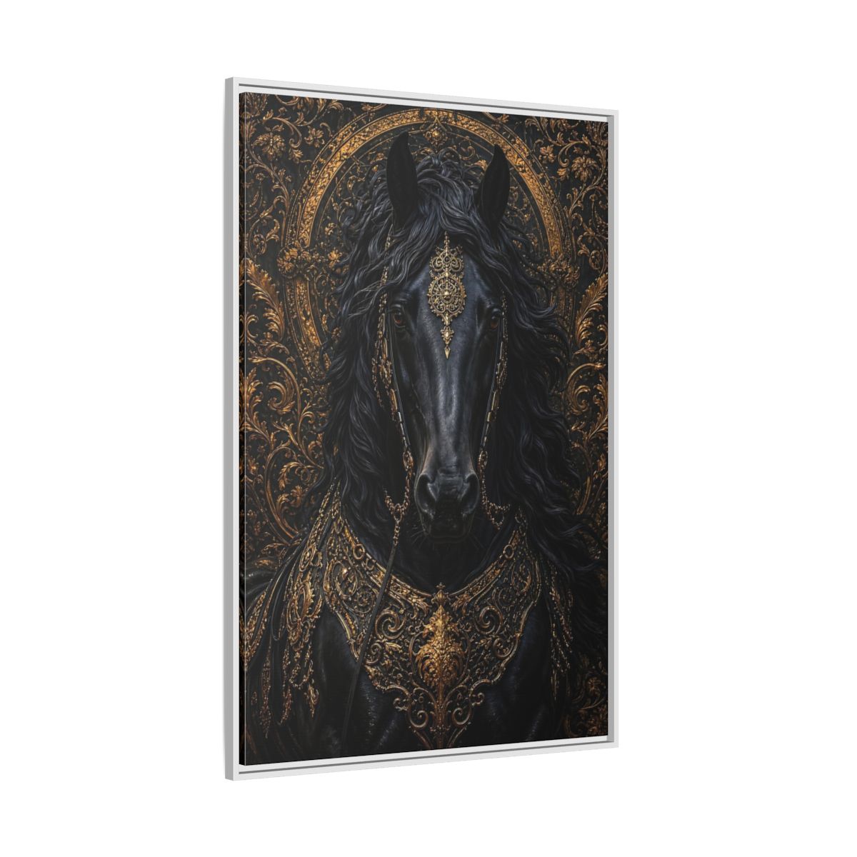 Side Mockup 7. Animals Black Horse Black And Gold shown as stretched canvas wall art