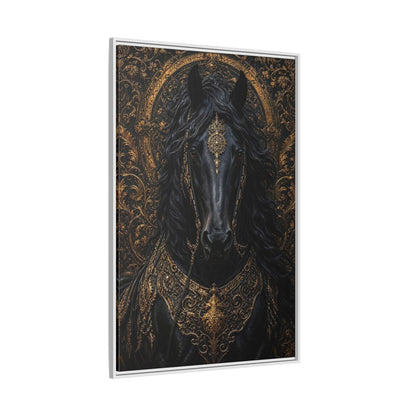 Side Mockup 7. Animals Black Horse Black And Gold shown as stretched canvas wall art