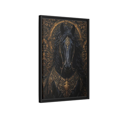 Side Mockup 3. Animals Black Horse Black And Gold shown as stretched canvas wall art