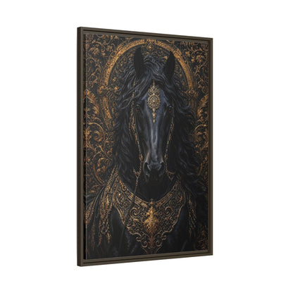 Main Mockup. Animals Black Horse Black And Gold shown as stretched canvas wall art