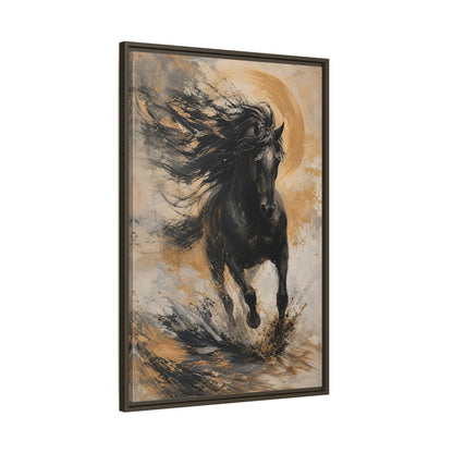 Main Mockup. Animals Black Horse Black And Gold shown as stretched canvas wall art