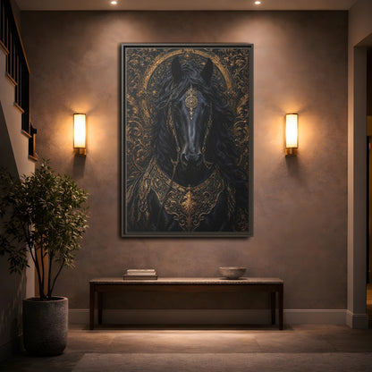 Mockup 2. Animals Black Horse Black And Gold shown as stretched canvas wall art