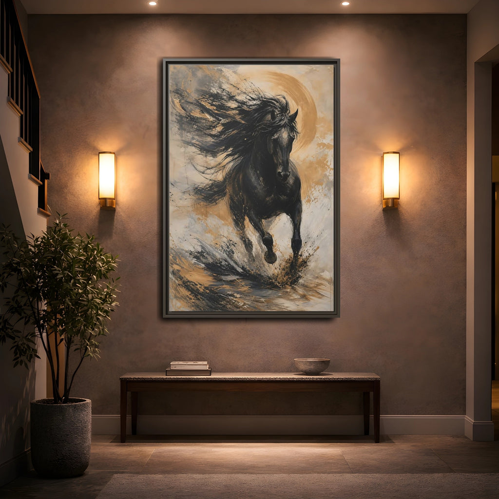 Mockup 2. Animals Black Horse Black And Gold shown as stretched canvas wall art