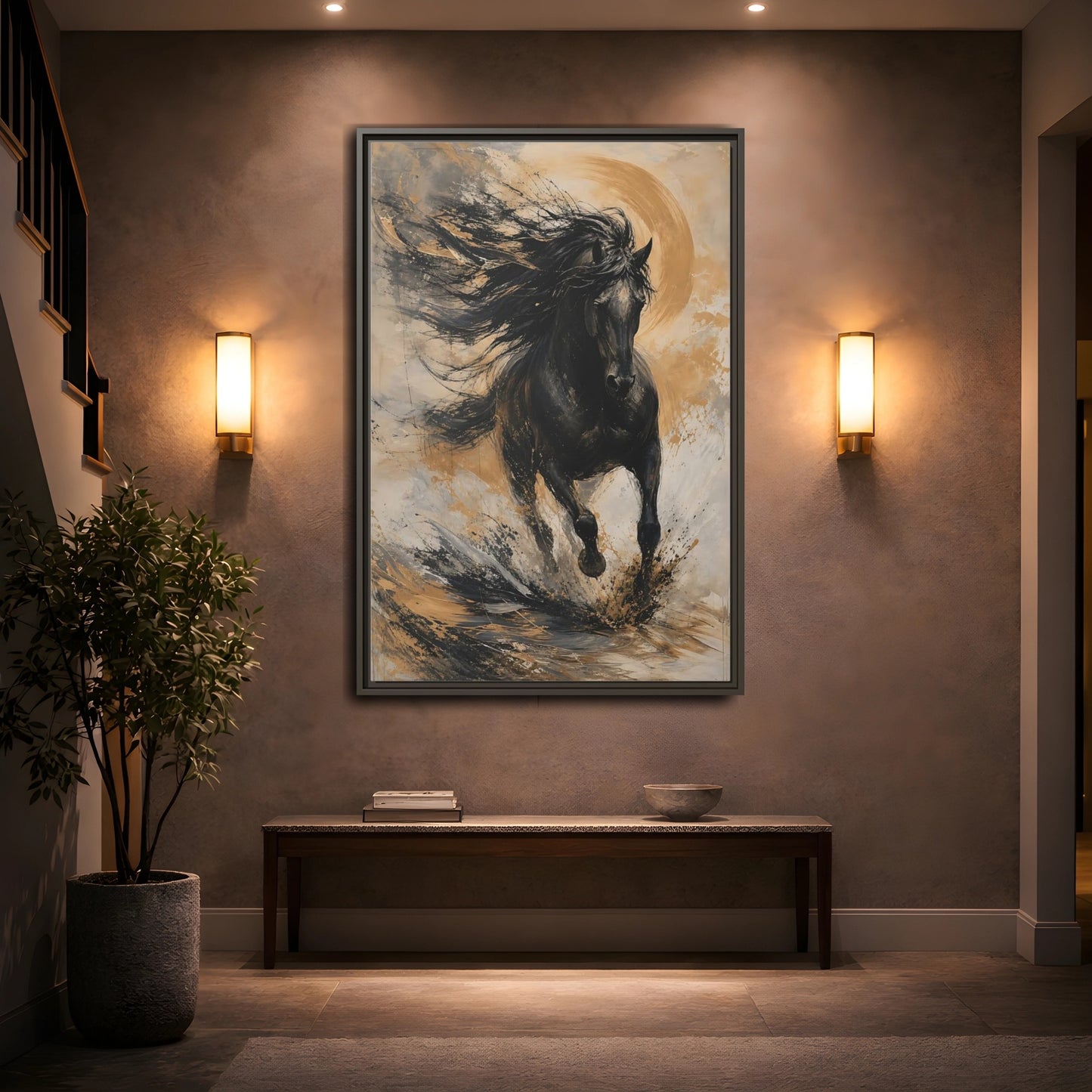 Mockup 2. Animals Black Horse Black And Gold shown as stretched canvas wall art