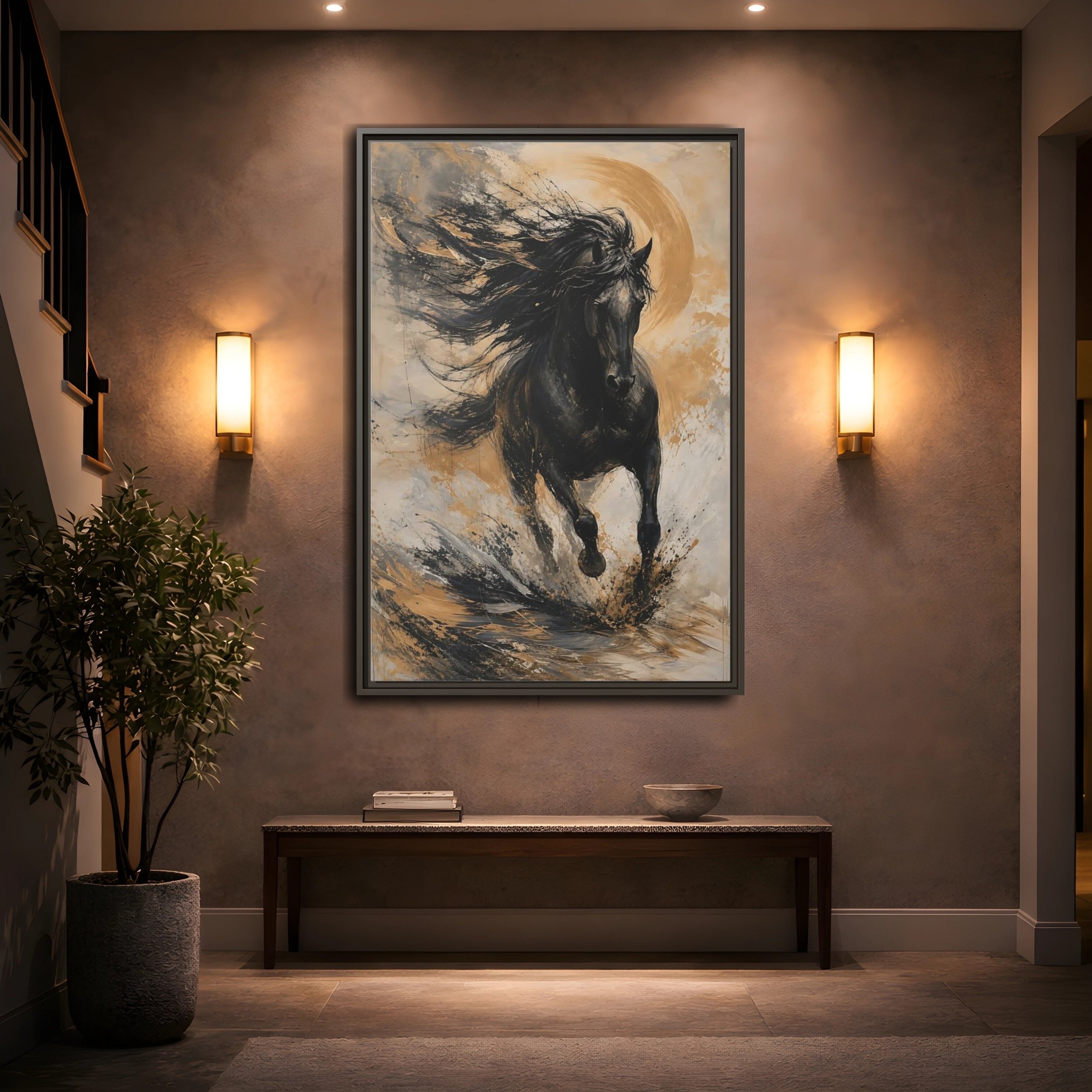 Mockup 2. Animals Black Horse Black And Gold shown as stretched canvas wall art