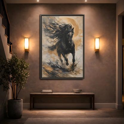 Mockup 2. Animals Black Horse Black And Gold shown as stretched canvas wall art