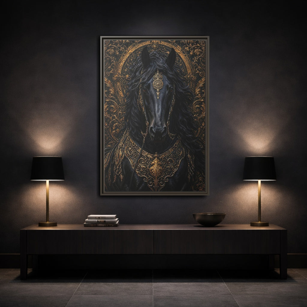 Mockup 3. Animals Black Horse Black And Gold shown as stretched canvas wall art