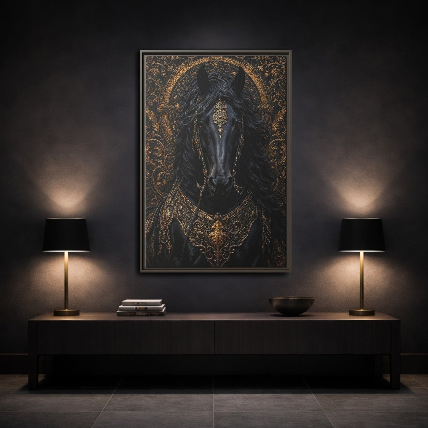 Mockup 3. Animals Black Horse Black And Gold shown as stretched canvas wall art
