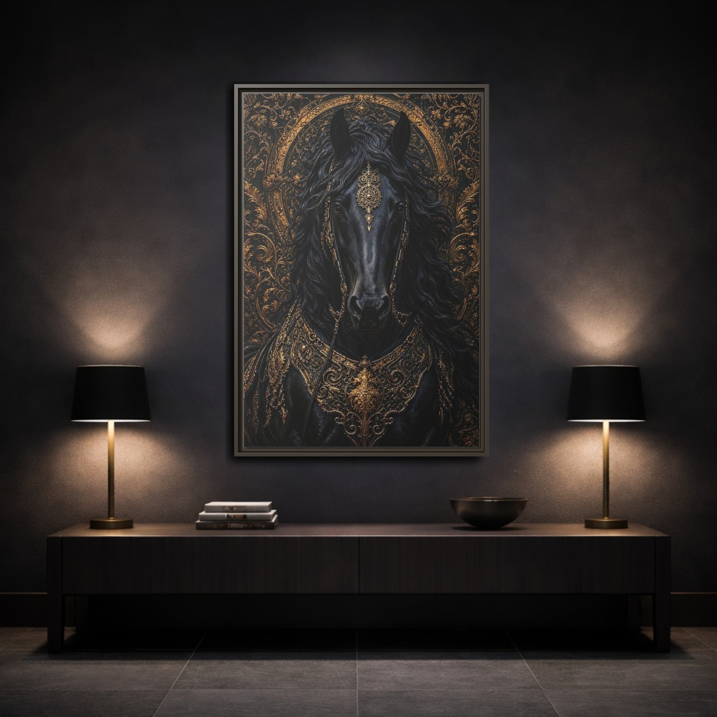 Mockup 3. Animals Black Horse Black And Gold shown as stretched canvas wall art
