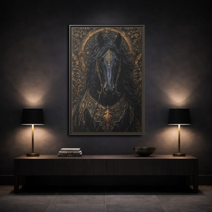Mockup 3. Animals Black Horse Black And Gold shown as stretched canvas wall art