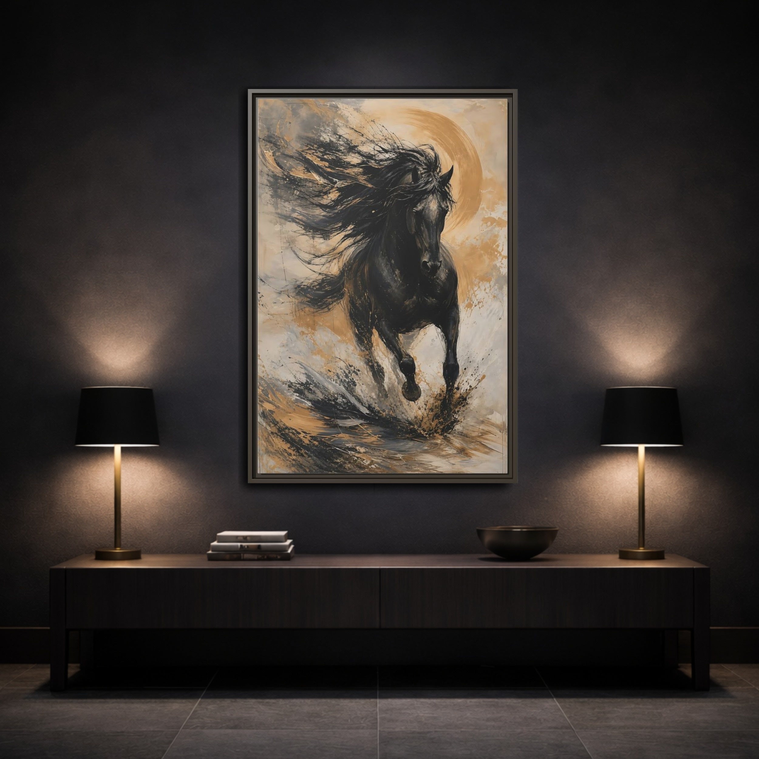 Mockup 3. Animals Black Horse Black And Gold shown as stretched canvas wall art