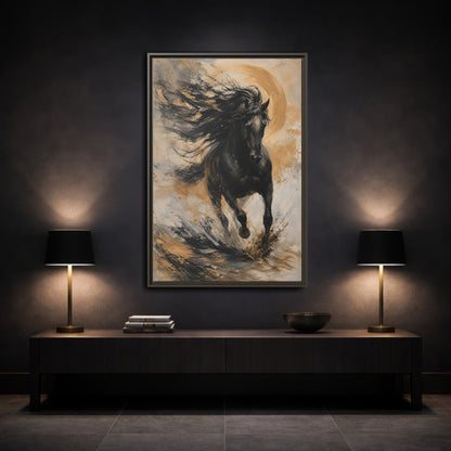 Mockup 3. Animals Black Horse Black And Gold shown as stretched canvas wall art