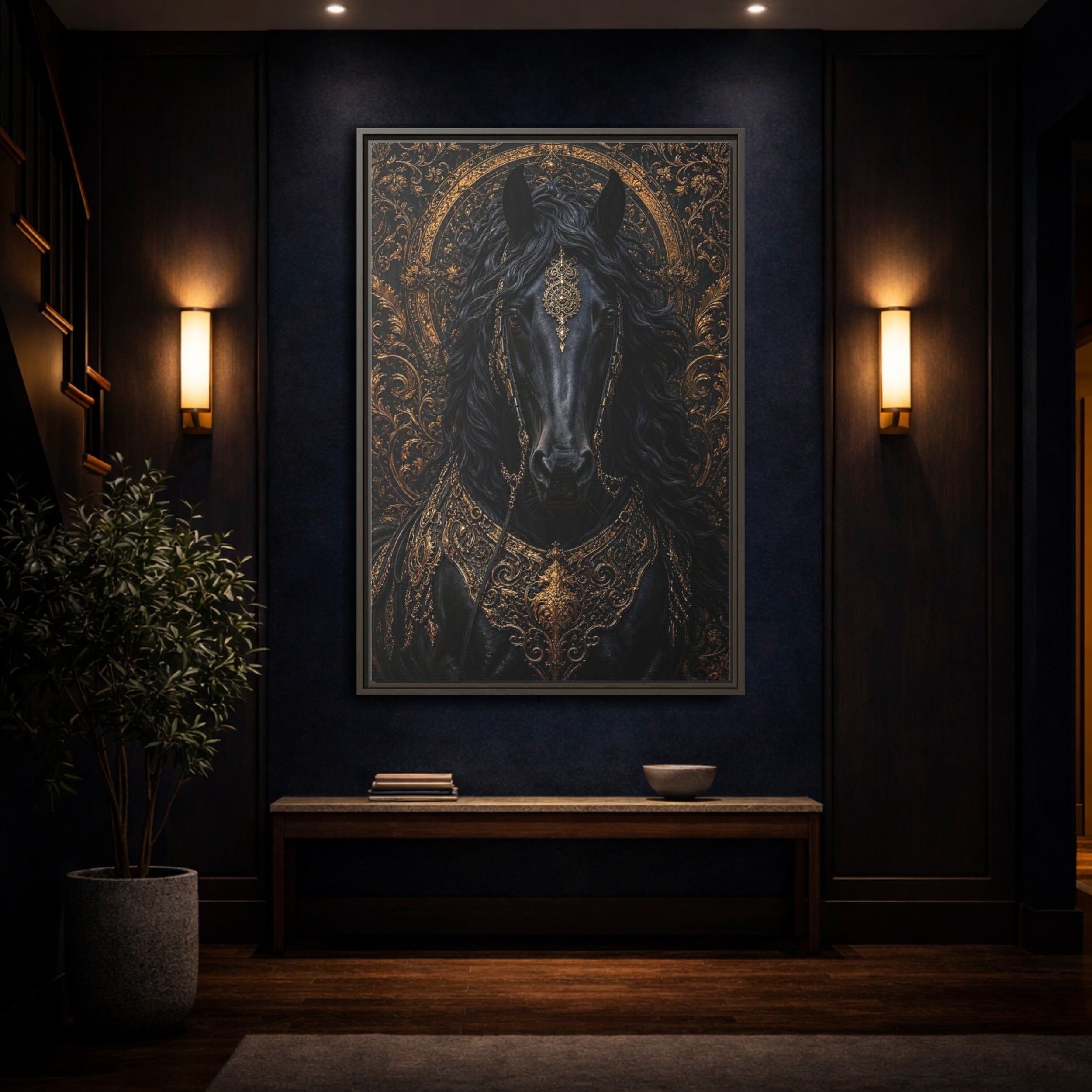 Mockup 4. Animals Black Horse Black And Gold shown as stretched canvas wall art
