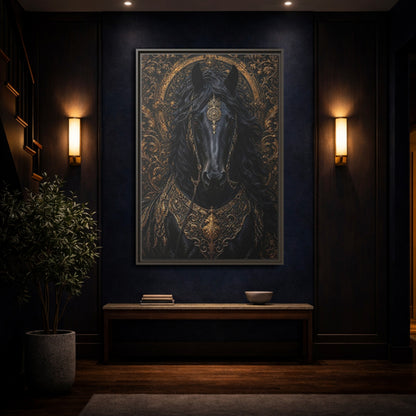 Mockup 4. Animals Black Horse Black And Gold shown as stretched canvas wall art