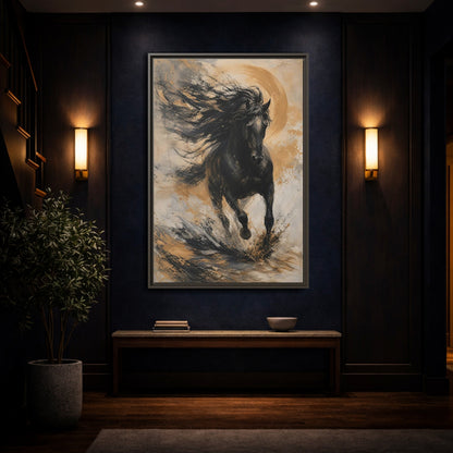 Mockup 4. Animals Black Horse Black And Gold shown as stretched canvas wall art