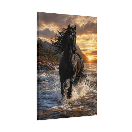 Main Mockup. Animals Black Horse Black Horse Sunset shown as stretched canvas wall art