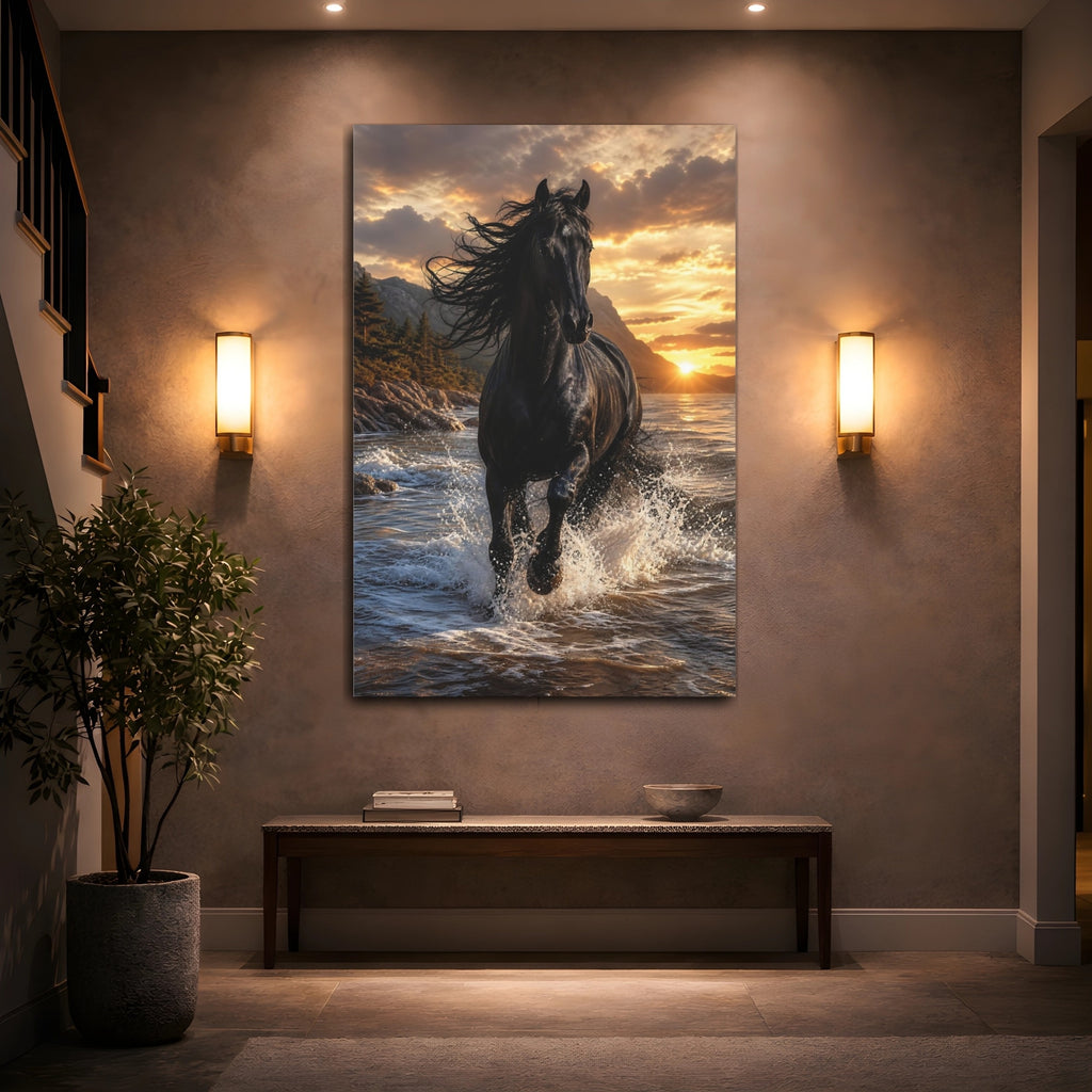 Mockup 2. Animals Black Horse Black Horse Sunset shown as stretched canvas wall art