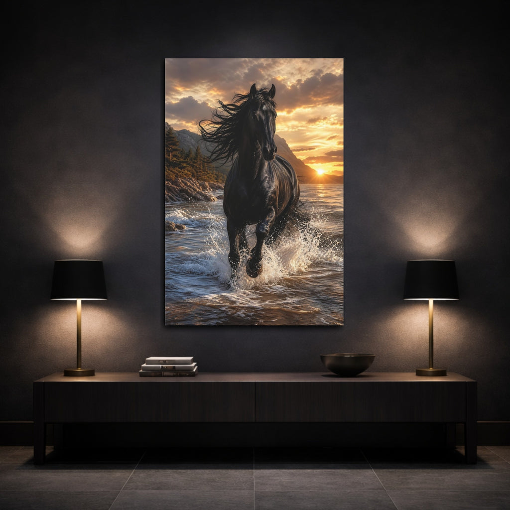 Mockup 3. Animals Black Horse Black Horse Sunset shown as stretched canvas wall art