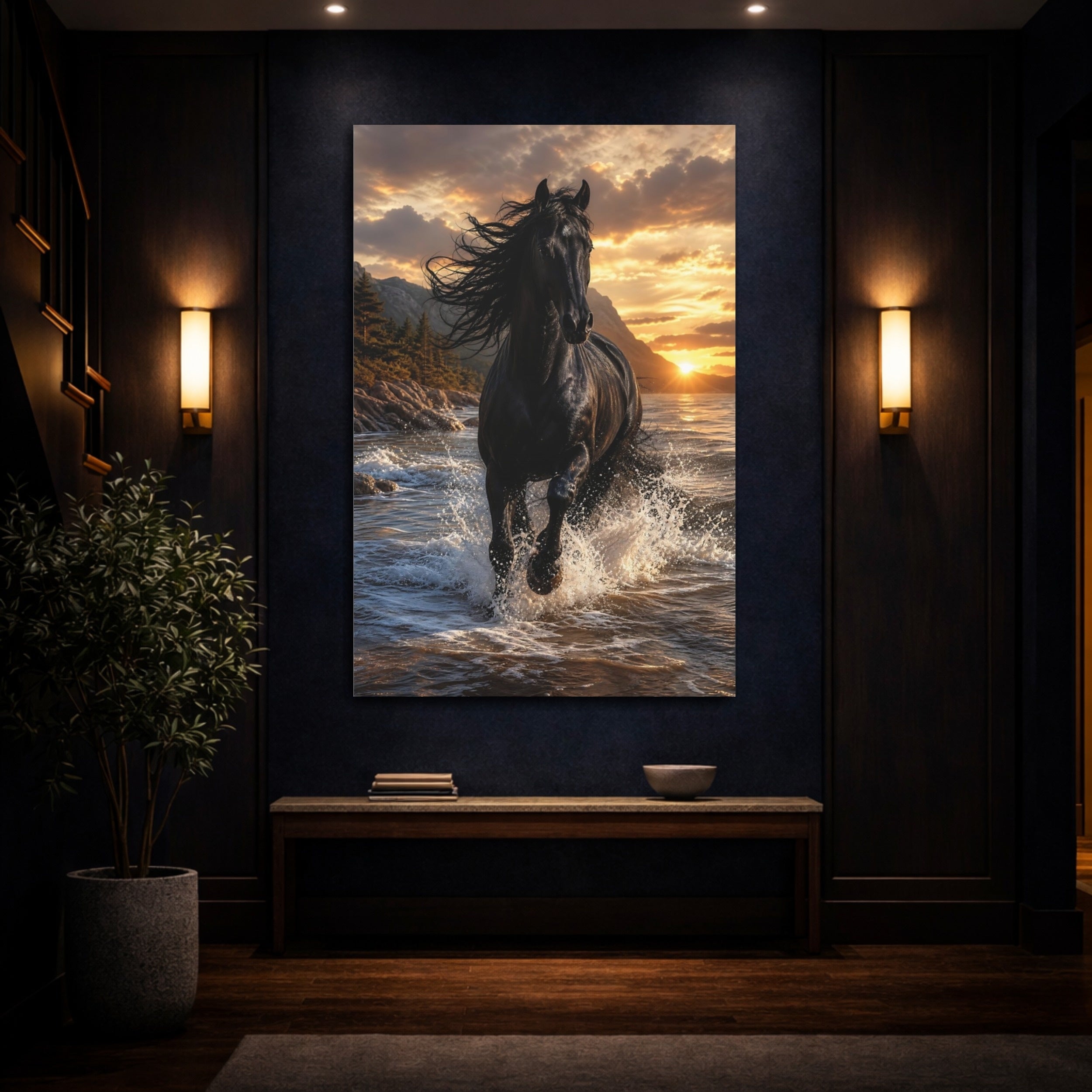 Mockup 4. Animals Black Horse Black Horse Sunset shown as stretched canvas wall art