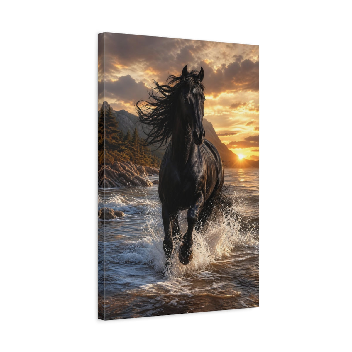 Side Mockup 3. Animals Black Horse Black Horse Sunset shown as stretched canvas wall art