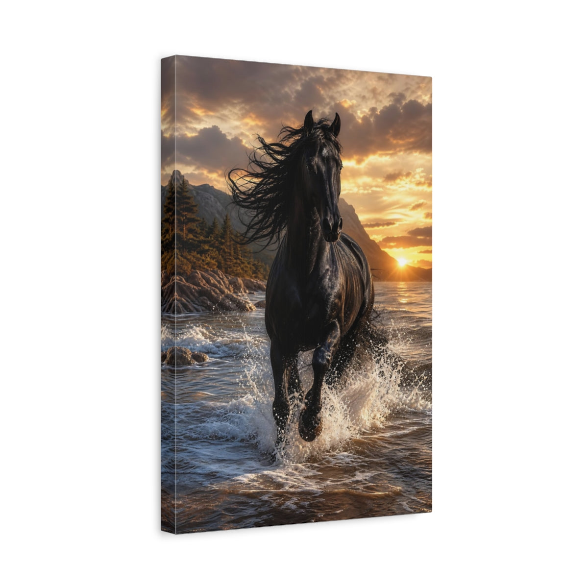 Side Mockup 4. Animals Black Horse Black Horse Sunset shown as stretched canvas wall art