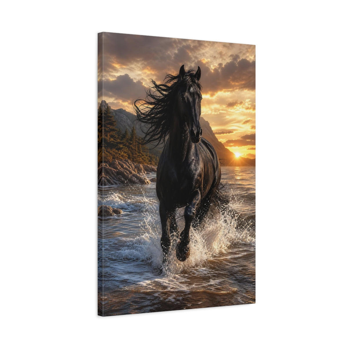 Side Mockup 2. Animals Black Horse Black Horse Sunset shown as stretched canvas wall art