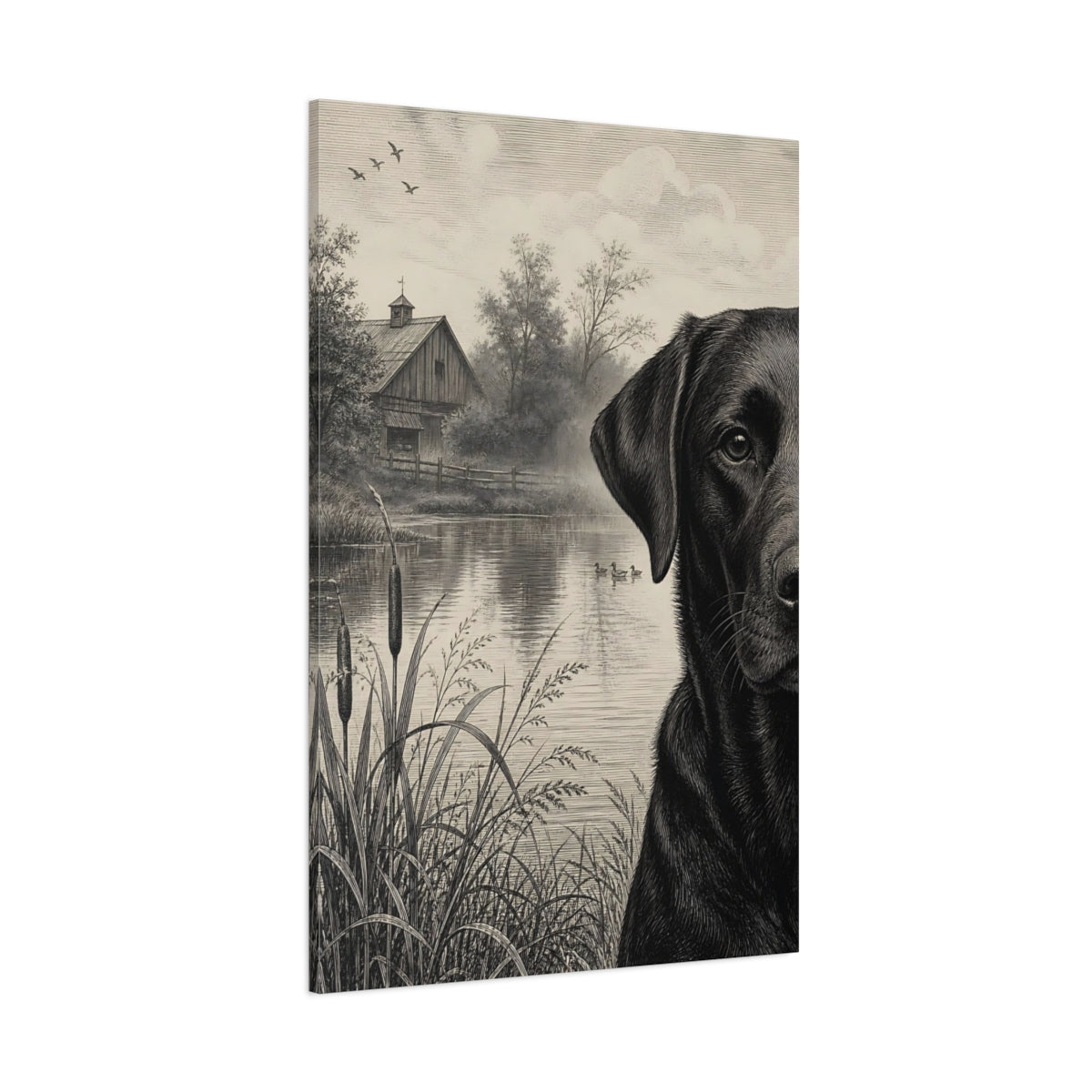 Side Mockup 1. Animals Black Labrador Monochrome Labrador shown as stretched canvas wall art