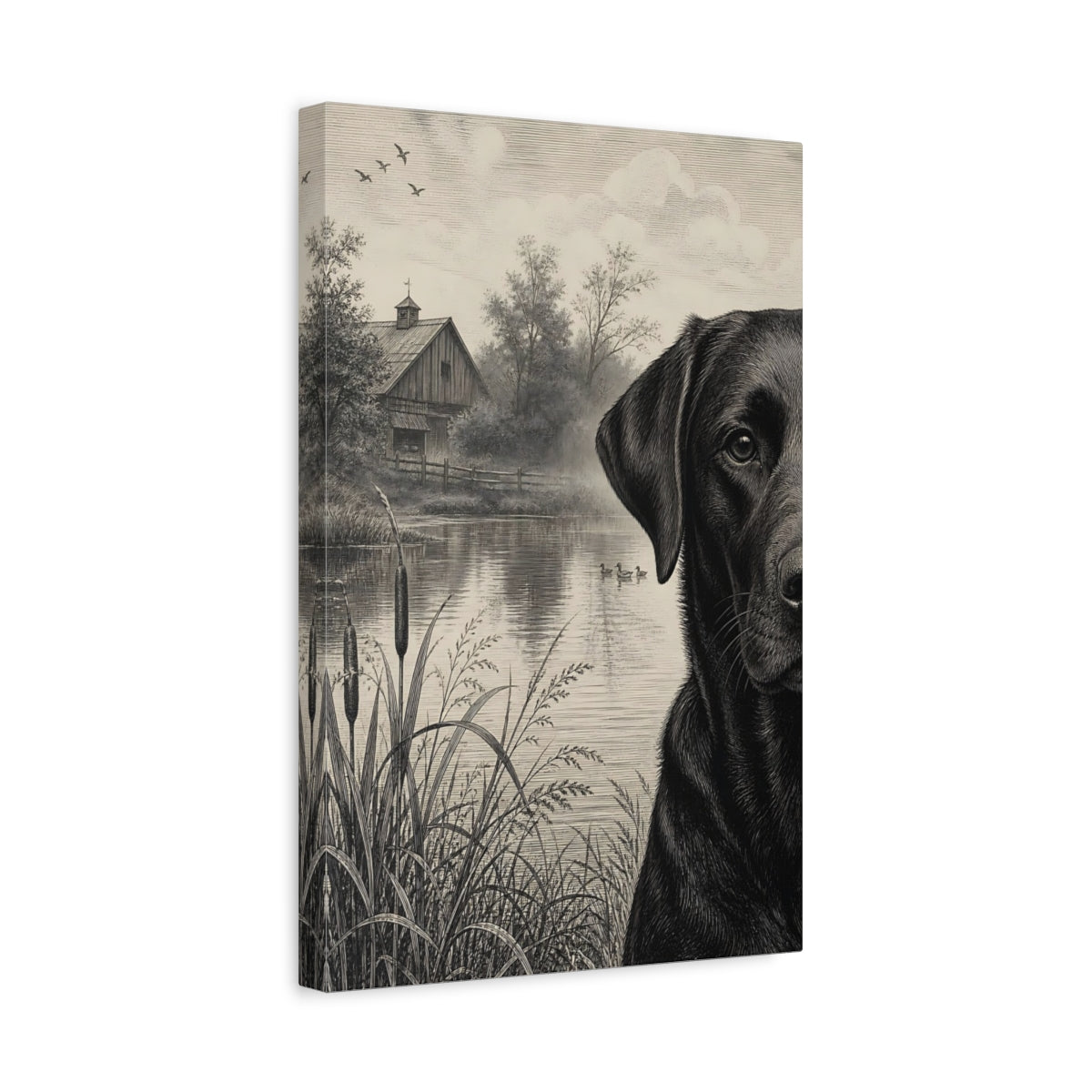 Side Mockup 4. Animals Black Labrador Monochrome Labrador shown as stretched canvas wall art