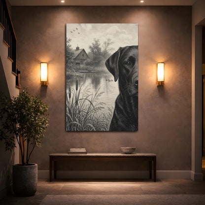 Mockup 2. Animals Black Labrador Monochrome Labrador shown as stretched canvas wall art