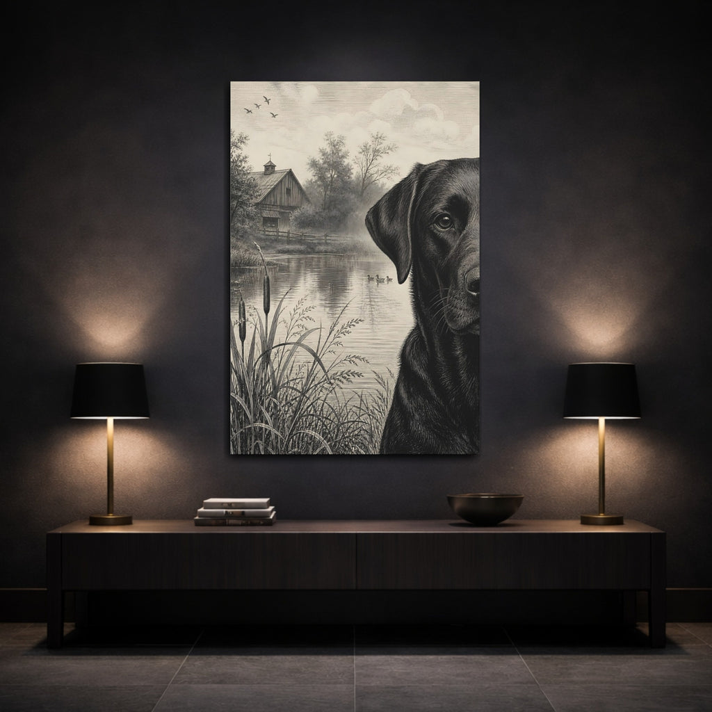 Mockup 3. Animals Black Labrador Monochrome Labrador shown as stretched canvas wall art