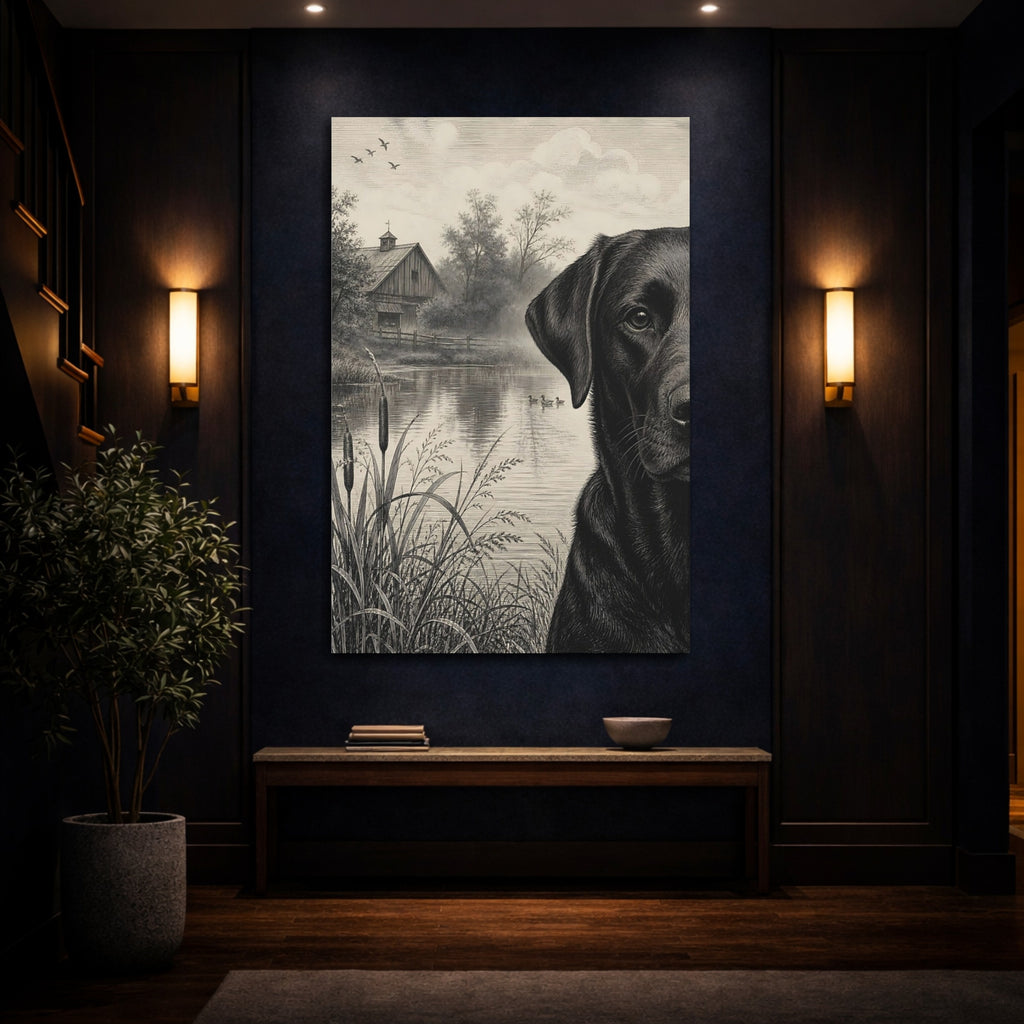 Mockup 4. Animals Black Labrador Monochrome Labrador shown as stretched canvas wall art