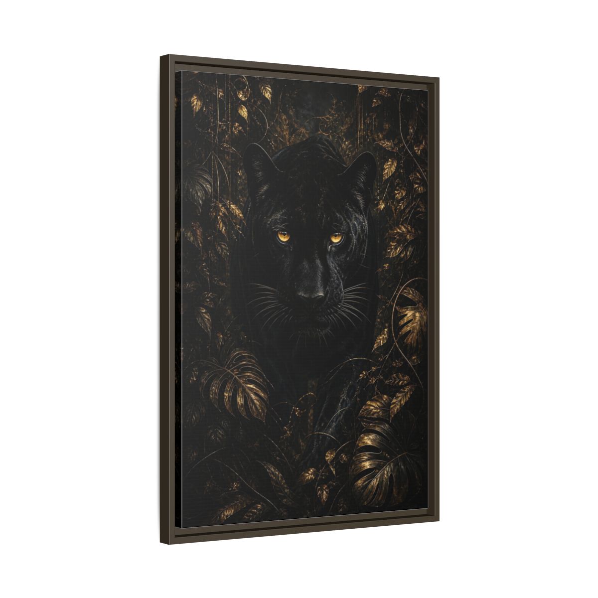 Side Mockup 11. Animals Black Panther Black And Gold shown as stretched canvas wall art