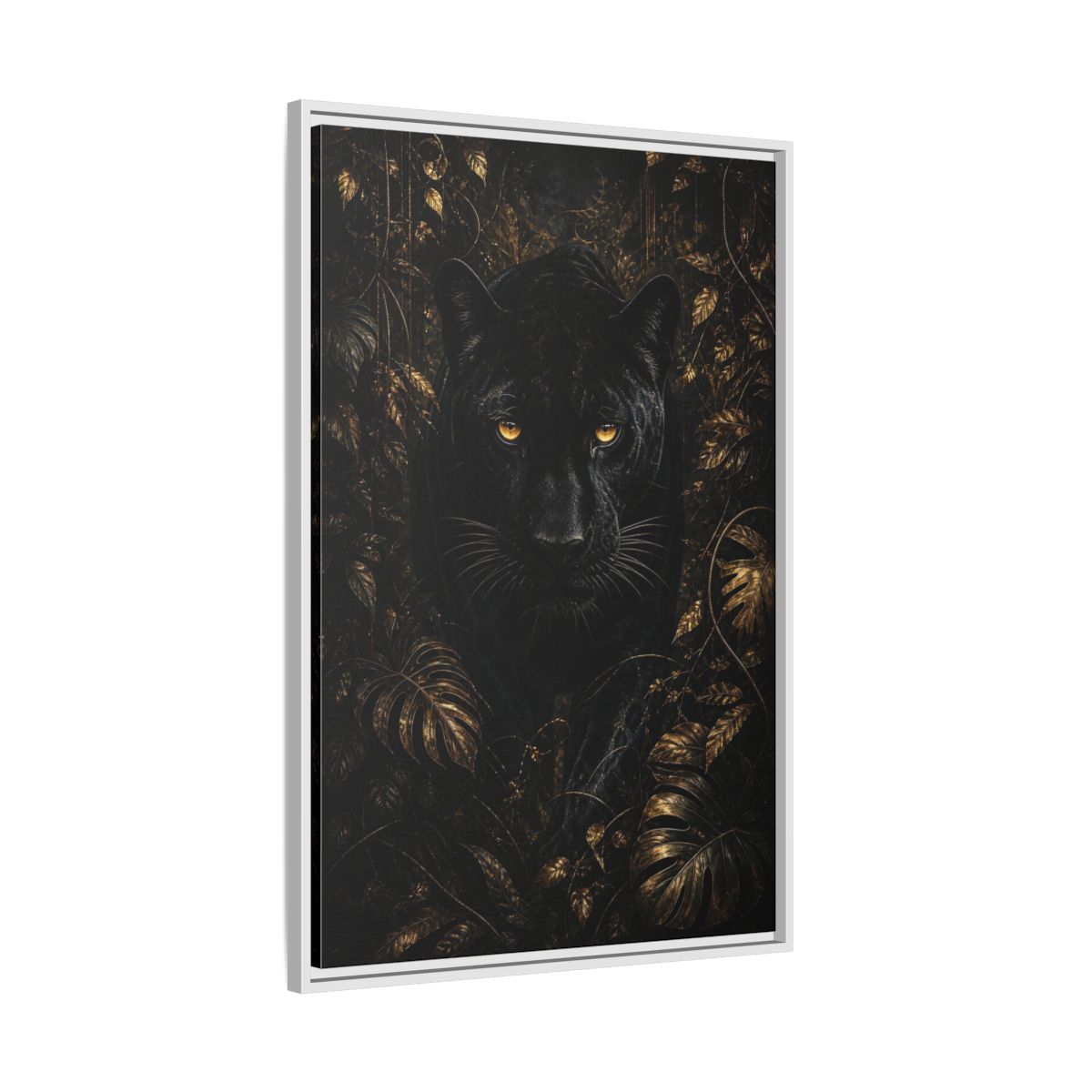 Side Mockup 9. Animals Black Panther Black And Gold shown as stretched canvas wall art