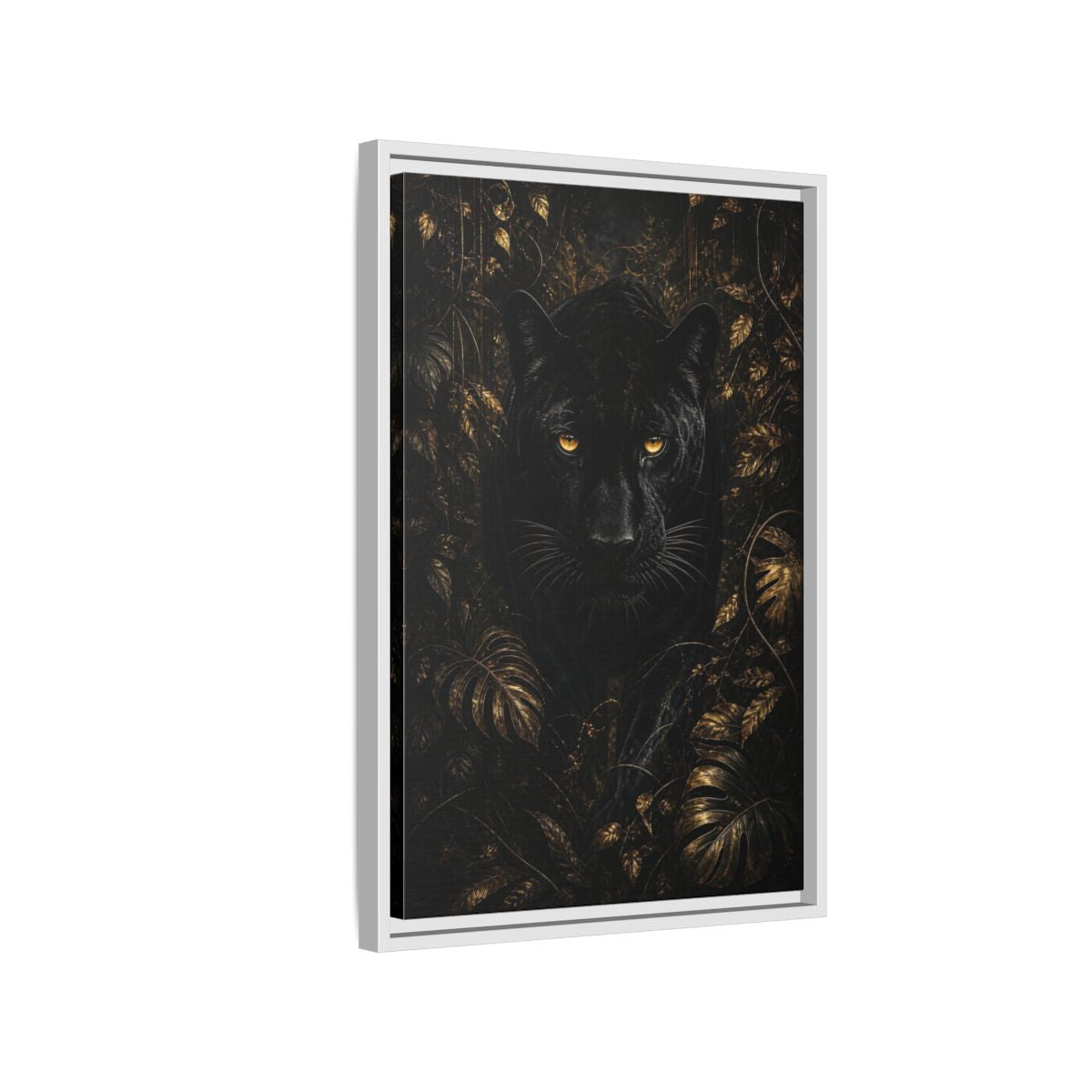 Side Mockup 1. Animals Black Panther Black And Gold shown as stretched canvas wall art