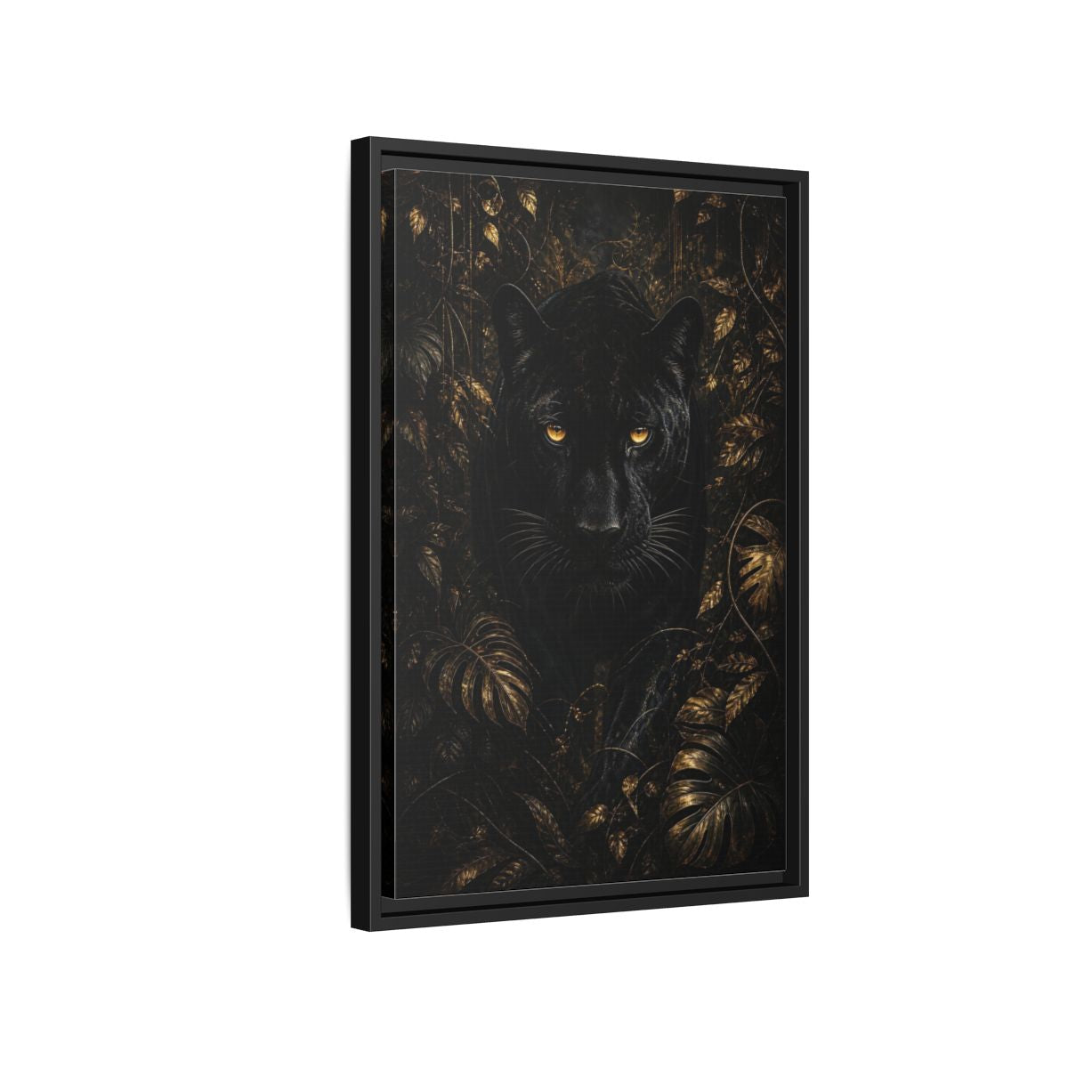 Side Mockup 3. Animals Black Panther Black And Gold shown as stretched canvas wall art