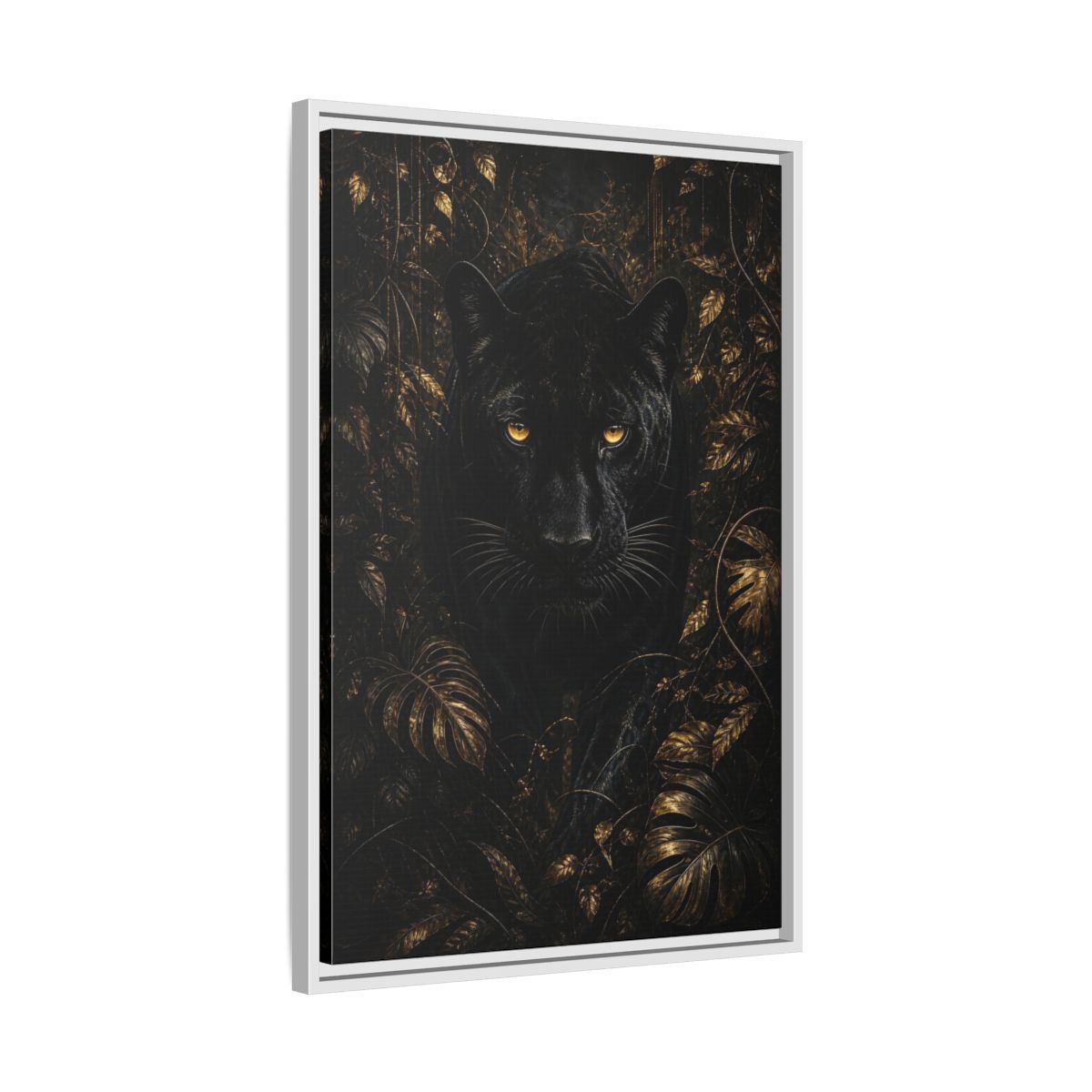 Side Mockup 10. Animals Black Panther Black And Gold shown as stretched canvas wall art