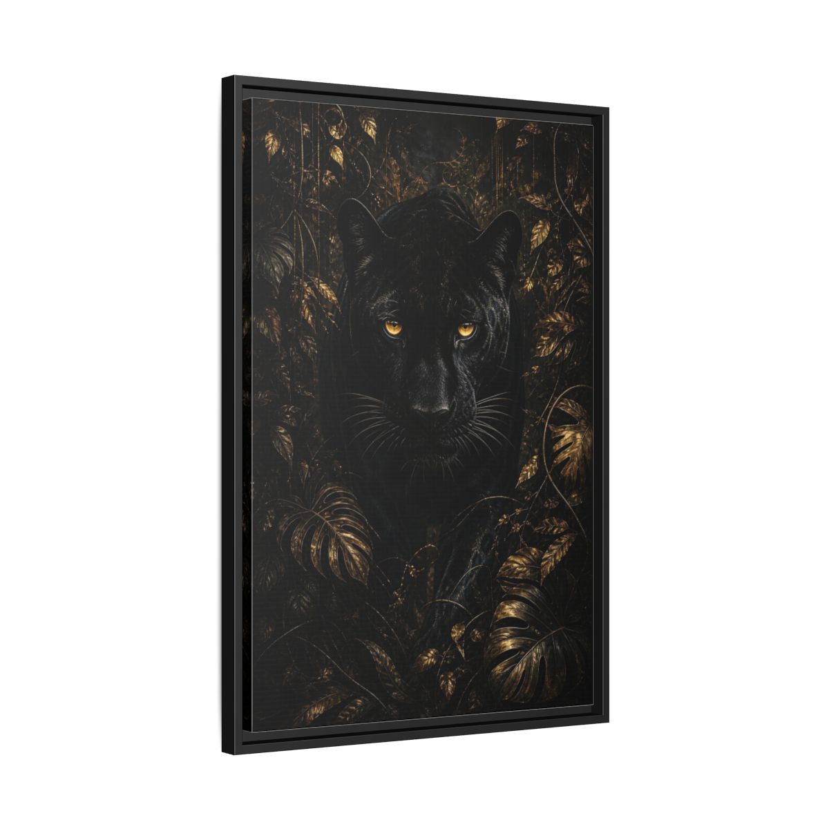 Side Mockup 14. Animals Black Panther Black And Gold shown as stretched canvas wall art