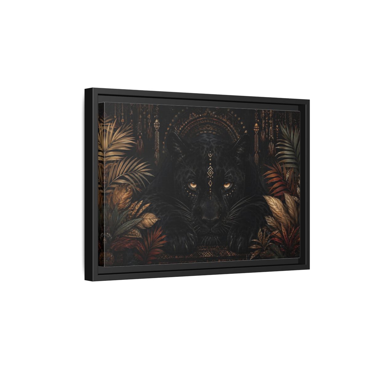 Side Mockup 6. Animals Black Panther Black And Gold shown as stretched canvas wall art