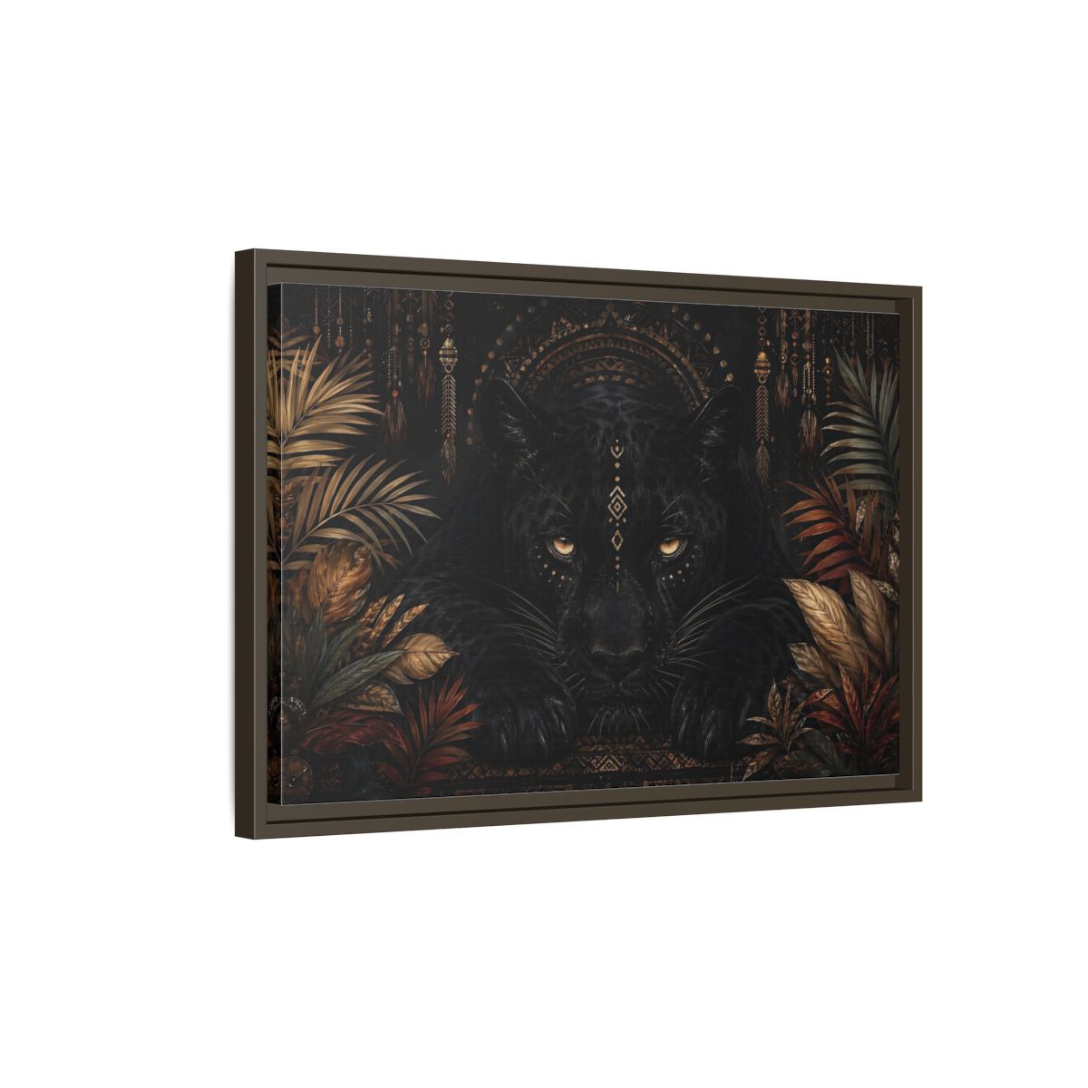 Side Mockup 2. Animals Black Panther Black And Gold shown as stretched canvas wall art