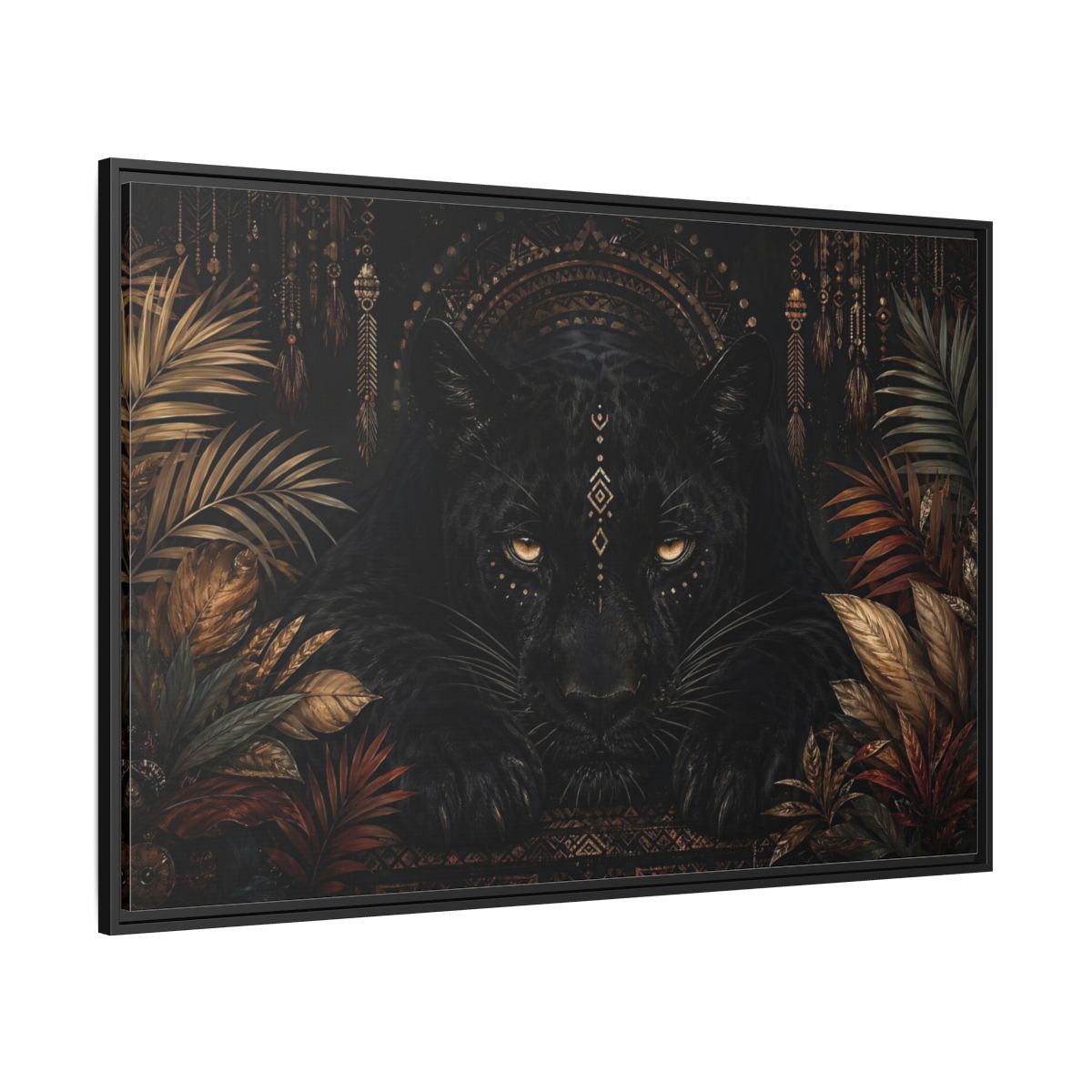 Side Mockup 12. Animals Black Panther Black And Gold shown as stretched canvas wall art