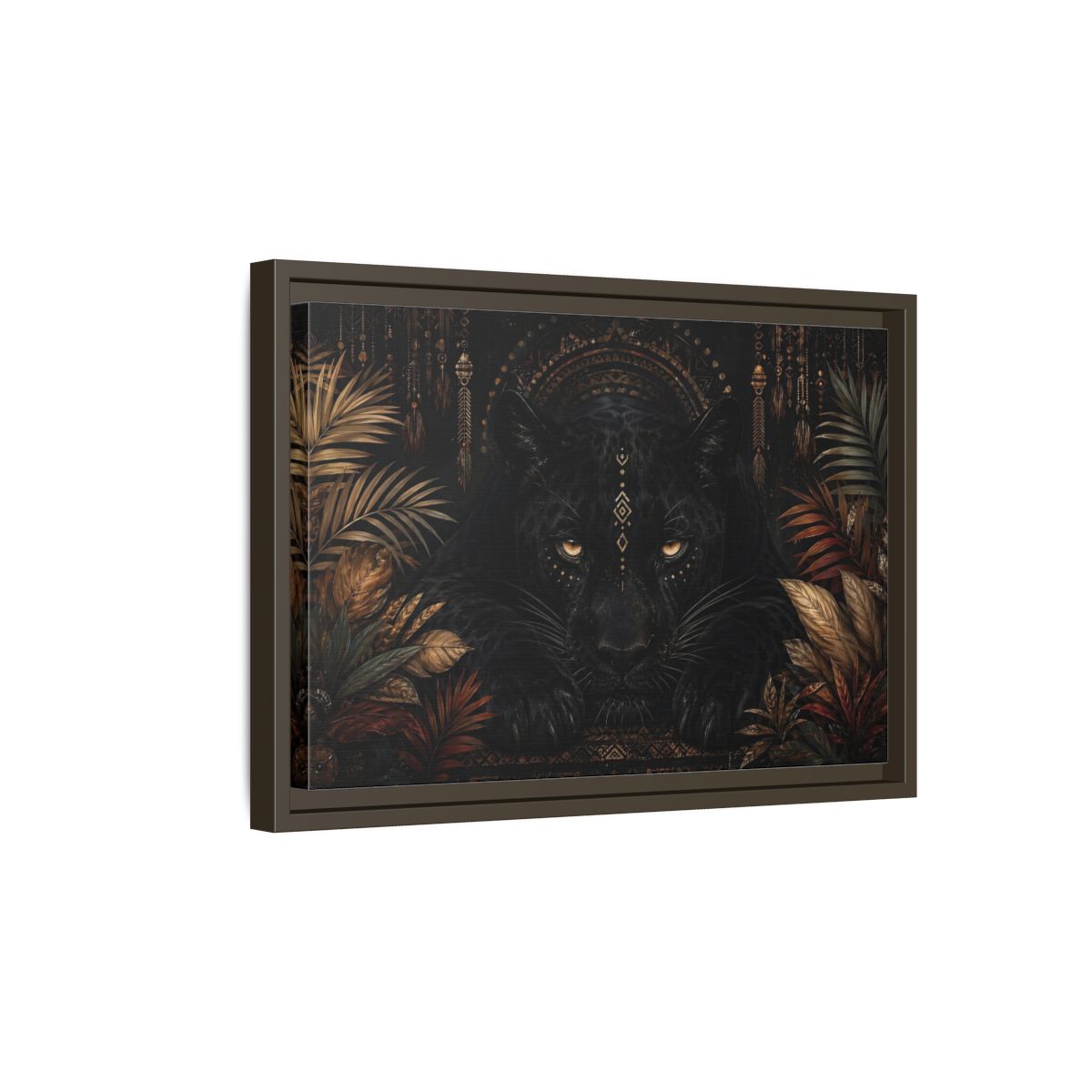 Side Mockup 5. Animals Black Panther Black And Gold shown as stretched canvas wall art