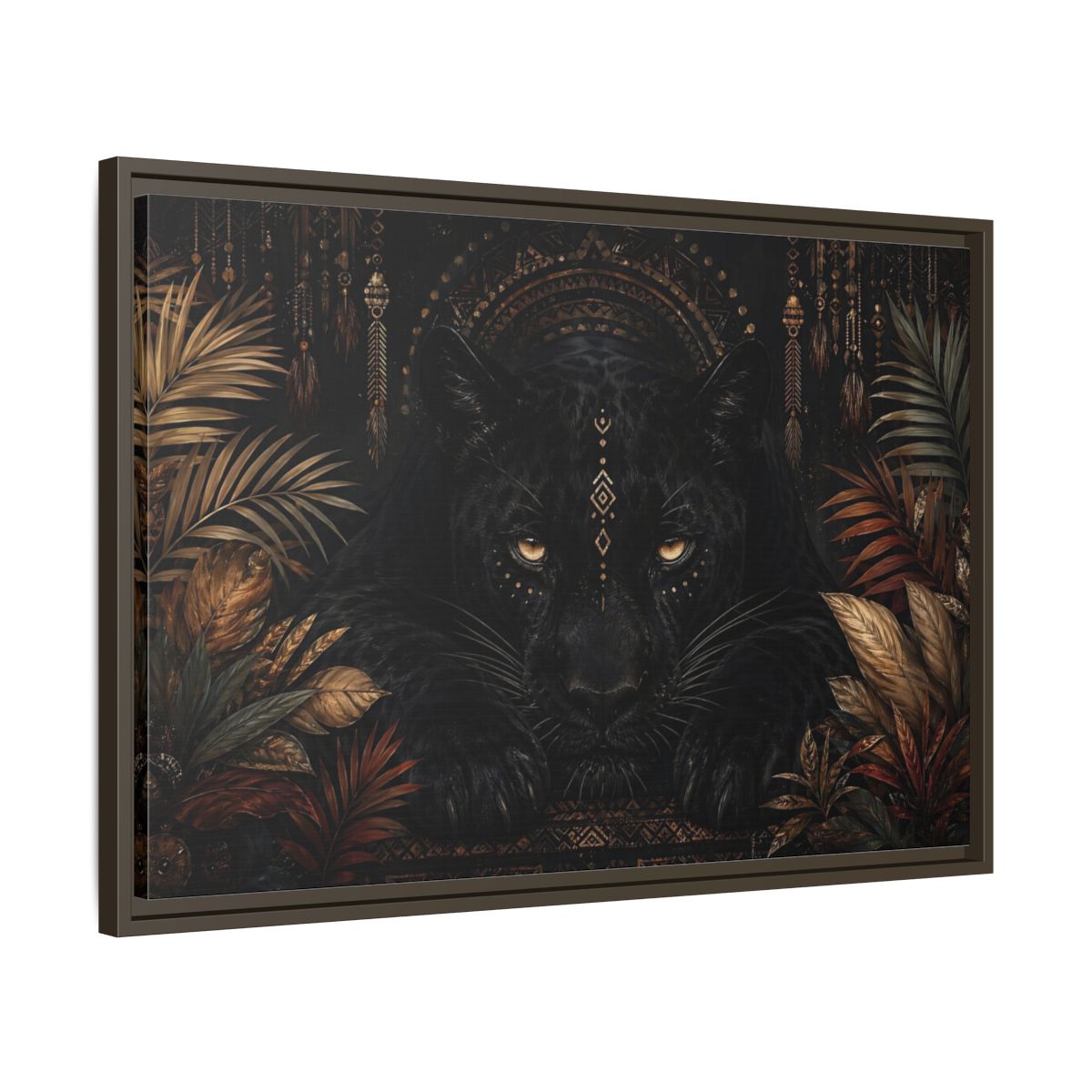 Side Mockup 11. Animals Black Panther Black And Gold shown as stretched canvas wall art