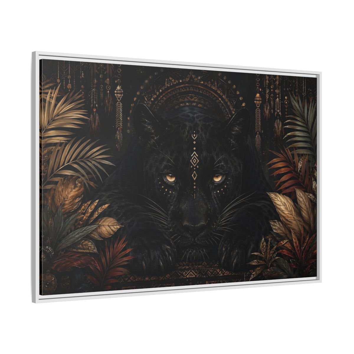 Side Mockup 7. Animals Black Panther Black And Gold shown as stretched canvas wall art