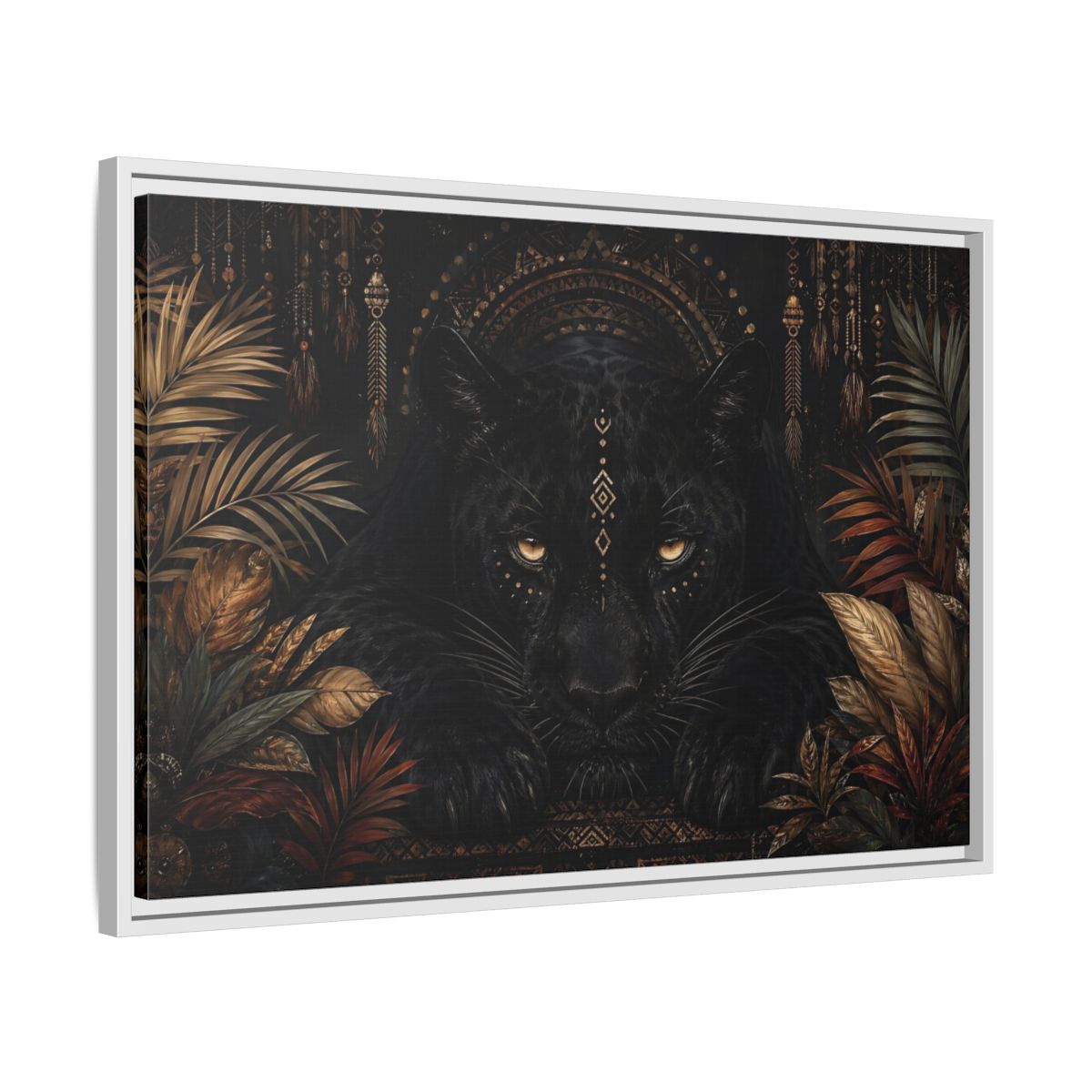 Side Mockup 10. Animals Black Panther Black And Gold shown as stretched canvas wall art