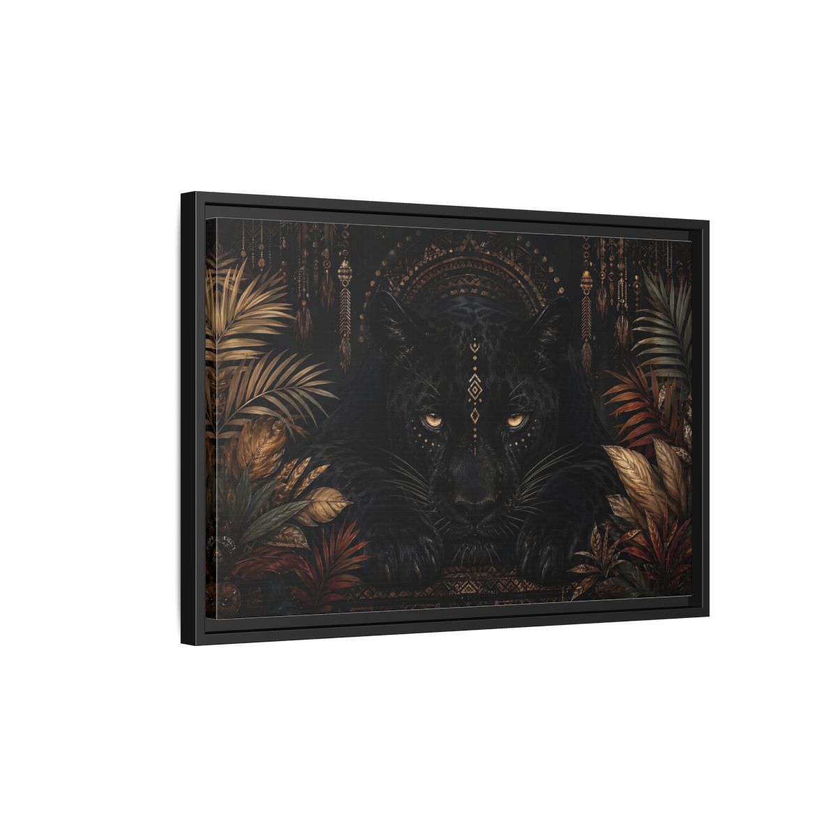 Side Mockup 3. Animals Black Panther Black And Gold shown as stretched canvas wall art