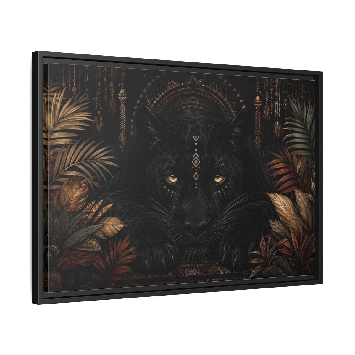 Side Mockup 14. Animals Black Panther Black And Gold shown as stretched canvas wall art