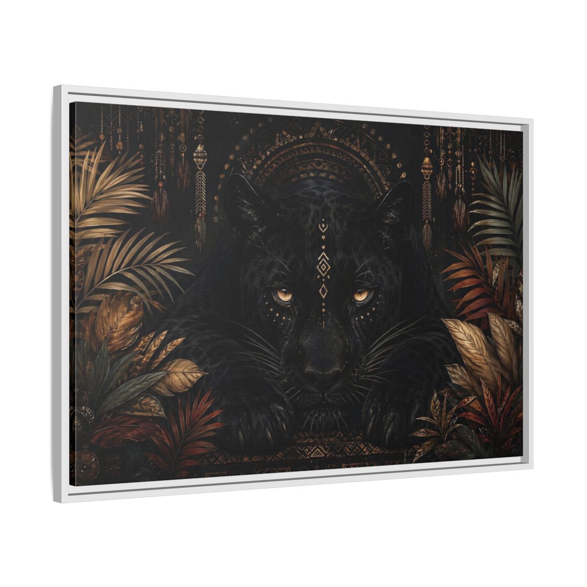 Side Mockup 9. Animals Black Panther Black And Gold shown as stretched canvas wall art