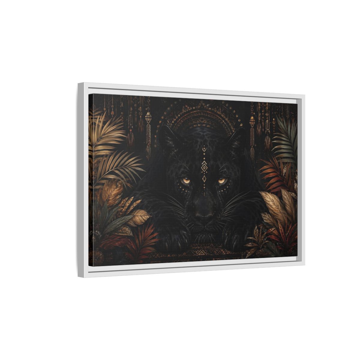 Side Mockup 1. Animals Black Panther Black And Gold shown as stretched canvas wall art