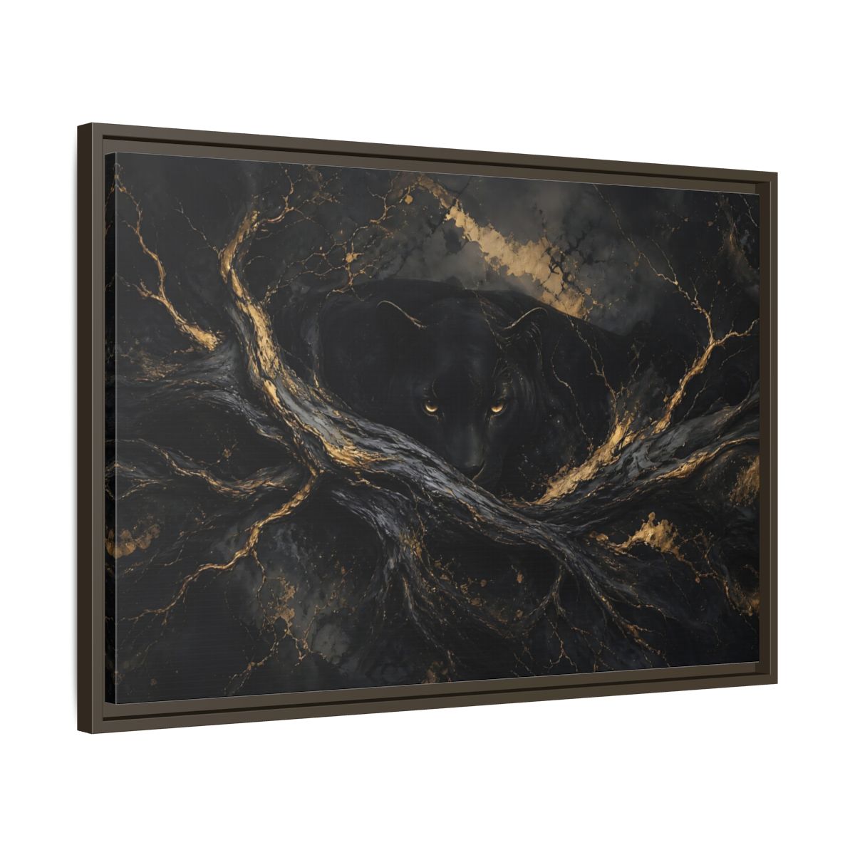 Side Mockup 11. Animals Black Panther Black And Gold shown as stretched canvas wall art