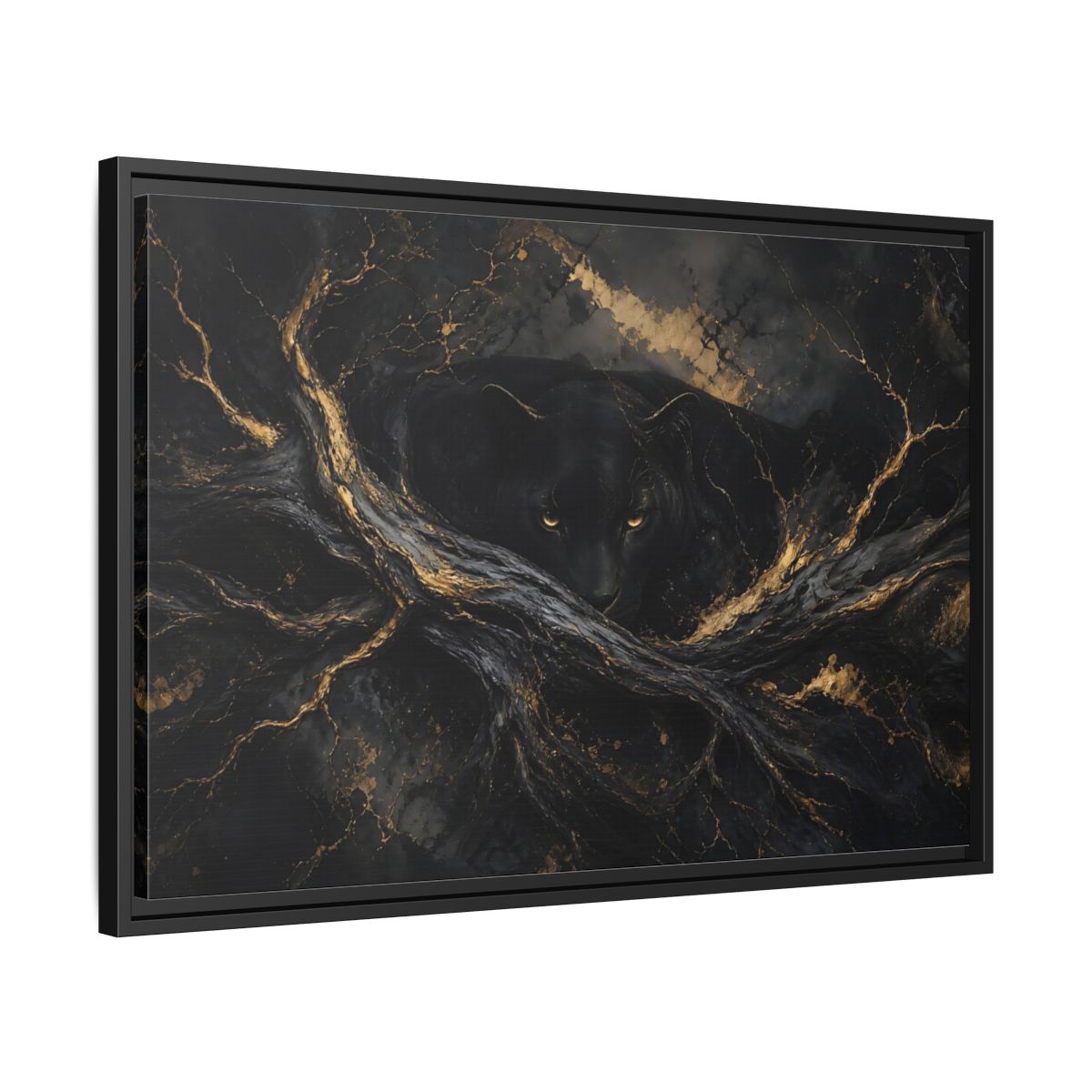 Side Mockup 14. Animals Black Panther Black And Gold shown as stretched canvas wall art